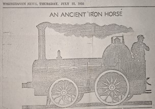 An ancient 'iron horse'. An illustration of an early steam locomotive, with smoking chimney at the front, metal body with a dome at the rear and an open footplate upon which stands a cap-wearing engine driver, and four cart-style wheels.